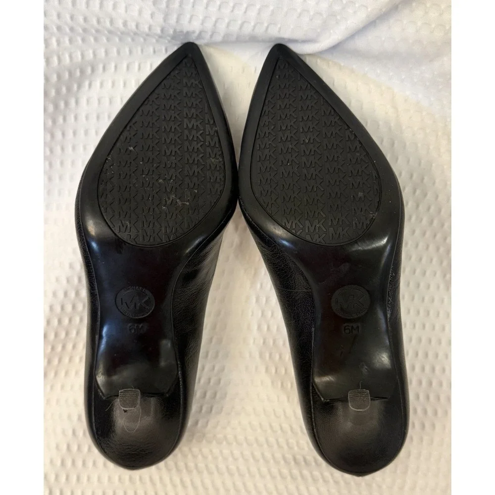Michael Kors Black Leather Pointed Toe Stiletto Pumps Slip On Logo US 6